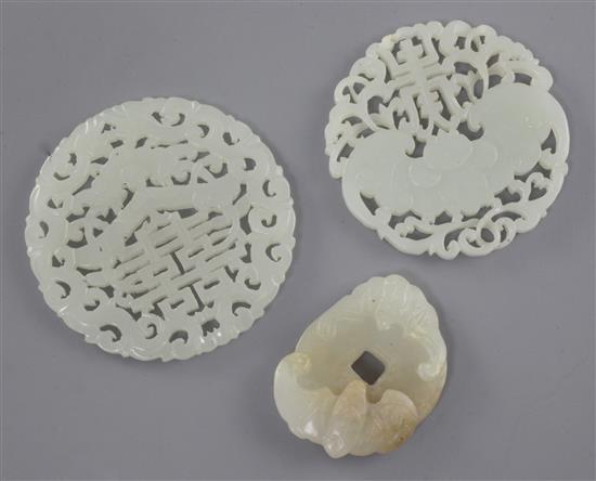 Three Chinese pale celadon jade plaques, 19th / early 20th century, 4cm - 5.7cm,